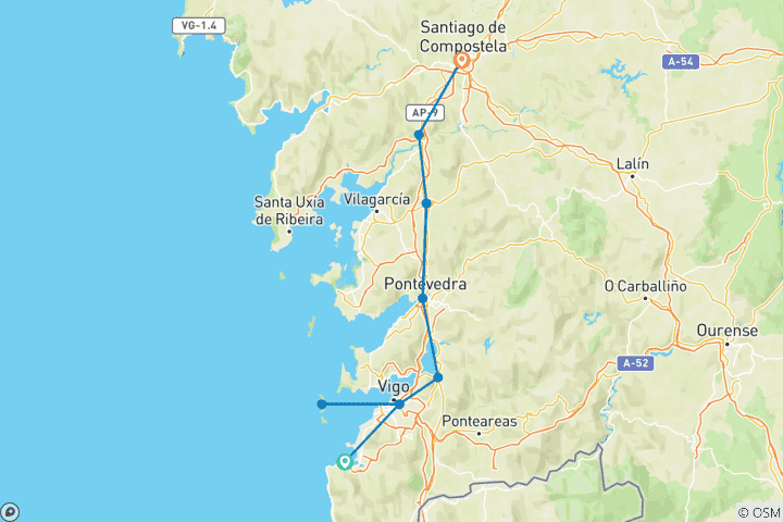Mapa de El Camino de Santiago Portugués: los últimos 100 km por la senda costera desde Baiona (9 días)