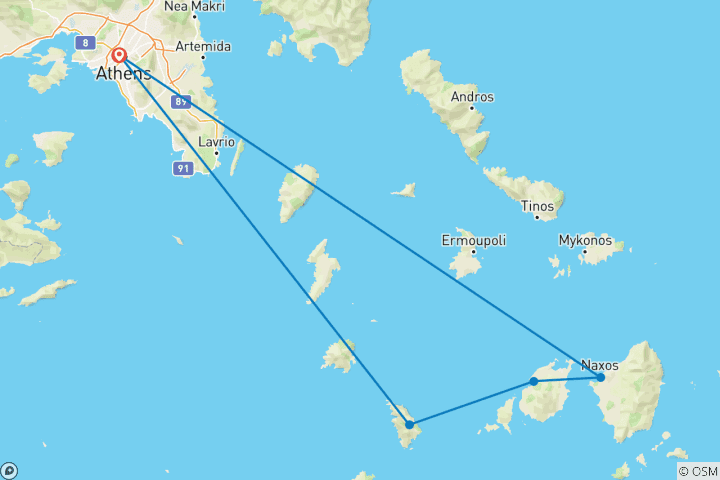 Mapa de Islas Griegas vírgenes - Naxos, Paros y Sifnos