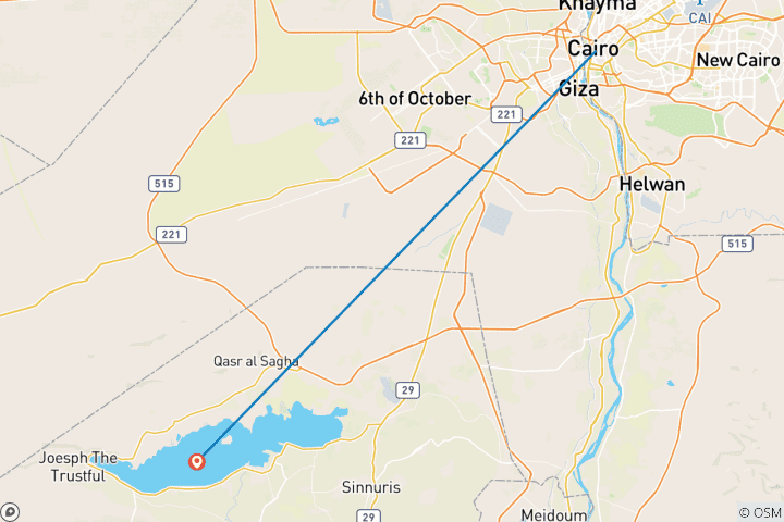 Carte du circuit 3 jours de safari dans le Wadi El Hitan et l'oasis de Fayoum