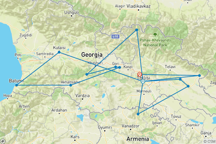 Kaart van Georgië bucketlist: Roadtrip naar wijngaarden & de Kaukasus (16 bestemmingen)