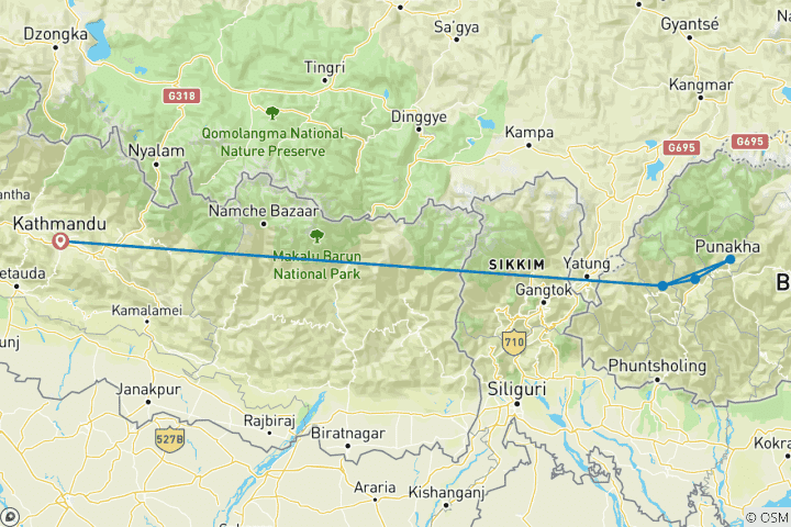Carte du circuit Les joyaux de l'Himalaya avec un circuit privé au Népal et au Bhoutan