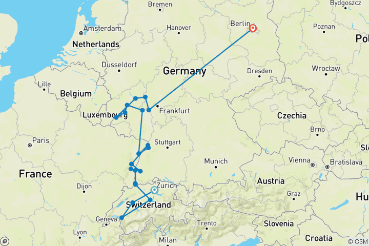 Carte du circuit Châteaux et vignobles du Rhin et de la Moselle avec Berlin 2027 – 15 jours (de Zurich à Berlin)