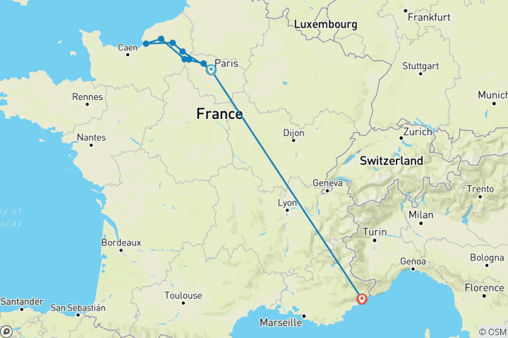 Carte du circuit Normandie et joyaux de la Seine avec Paris et la Côte d'Azur
