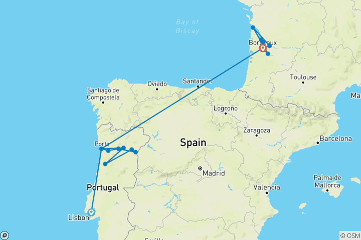 Carte du circuit La belle Bordeaux et l'inoubliable Douro avec Lisbonne