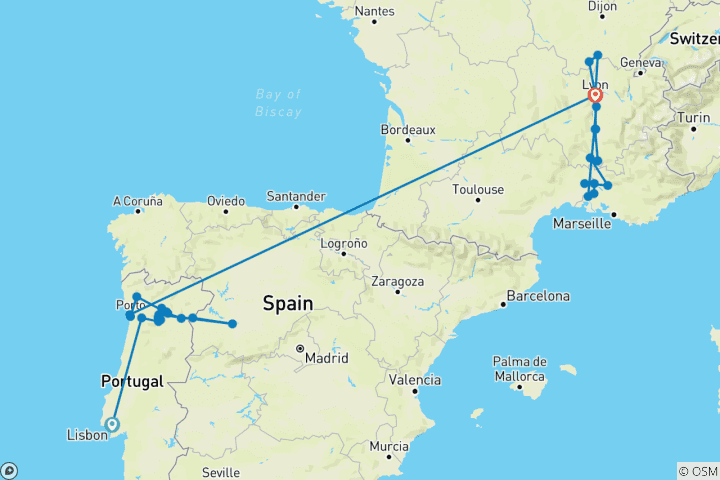Carte du circuit Le Douro inoubliable et le spectaculaire Sud de la France, avec Lisbonne