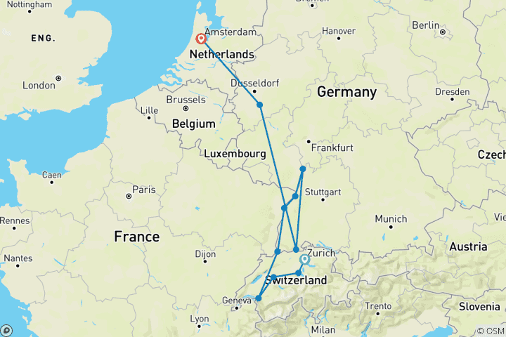Map of Rhine Highlights with Amsterdam & Switzerland 2027 - 14 Days (from Zurich to Amsterdam)