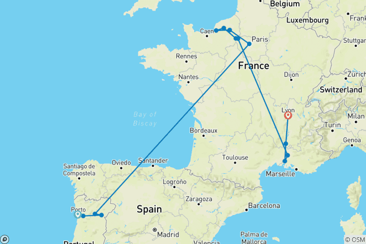 Carte du circuit Rencontre France-Portugal 2027 - 31 jours (14 destinations)