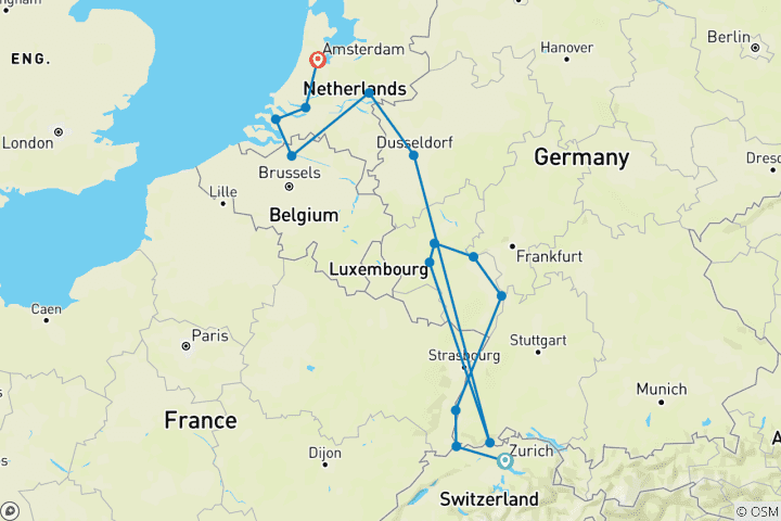 Carte du circuit Rhin romantique et Moselle avec Amsterdam 2027 - 17 jours (from Zurich to Amsterdam)