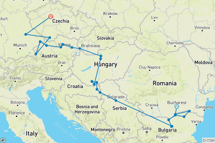 Mapa de Europa del Este y los Balcanes al descubierto y las joyas del Danubio con Praga 2027 - 19 días (de Bucarest a Praga)
