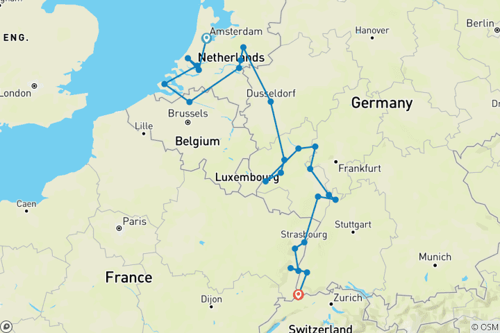 Carte du circuit Rhin romantique et Moselle avec Amsterdam 2027 - 17 jours (from Amsterdam to Bâle)