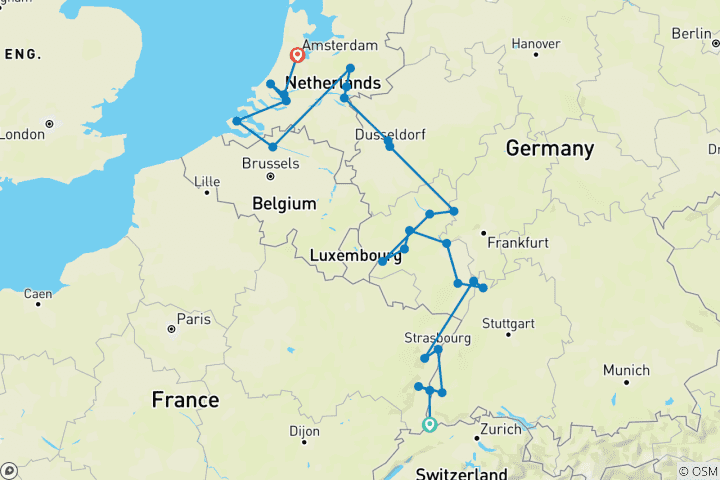 Karte von Romantischer Rhein & Mosel mit Amsterdam 2027 - 17 Tage (26 Destinationen)