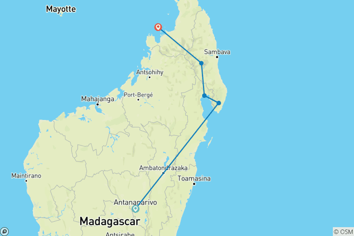 Map of Discovery Tour in the northeast and north of Madagascar (20 Days)