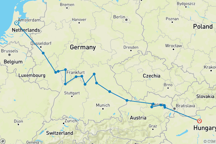 Map of European Jewels (2027, Amsterdam to Budapest)