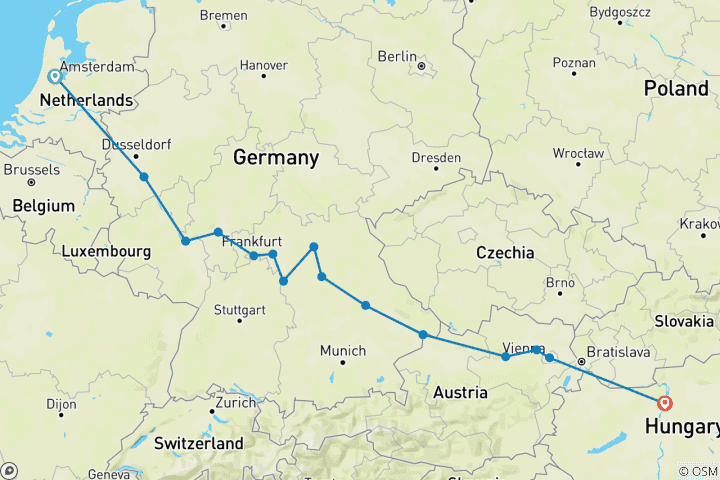 Map of European Jewels (2027) (Amsterdam to Budapest, 2027)