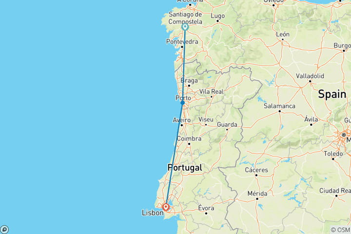 Carte du circuit Portugal Real Food Adventure, avec la Galice (from Saint-Jacques-de-Compostelle to Lisbonne)