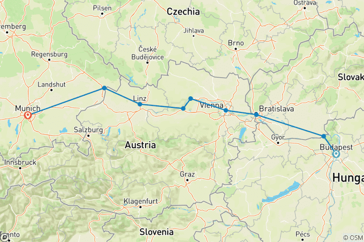 Map of Classical Danube Cruise & Bavarian Fairytales (Budapest - Munich)