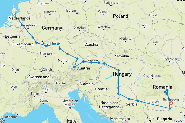 Map of Grand Voyage of Europe with Transylvania Amsterdam → Bucharest (2027)