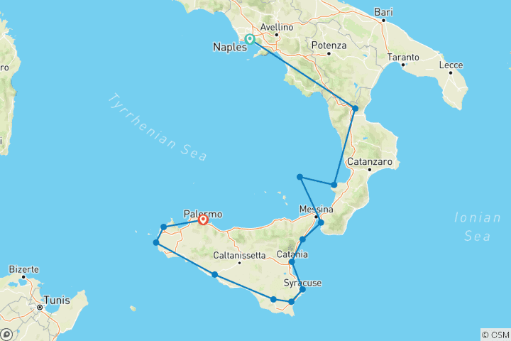 Mapa de Lo mejor de Calabria, el Etna y Sicilia