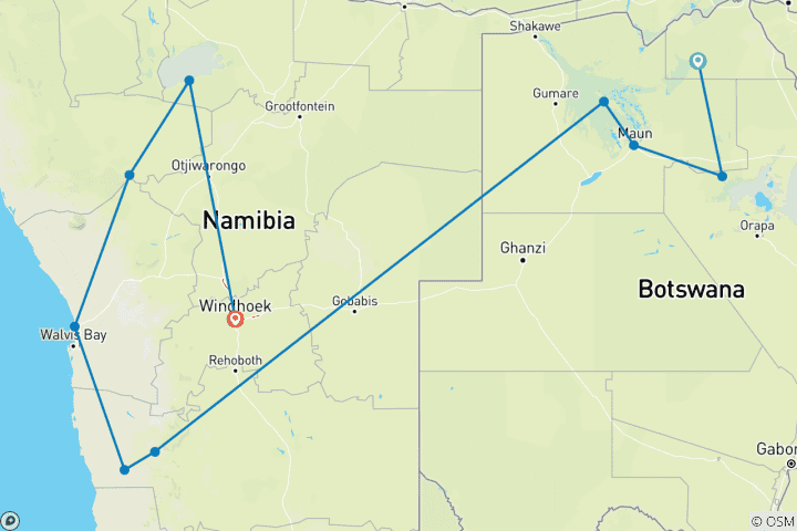 Carte du circuit Premium Botswana et; Namibie (from Parc national de Chobe to Windhoek)