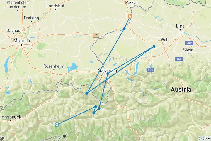 Karte von Tauern-Radweg Krimml-Passau sportlich (6 Tage)