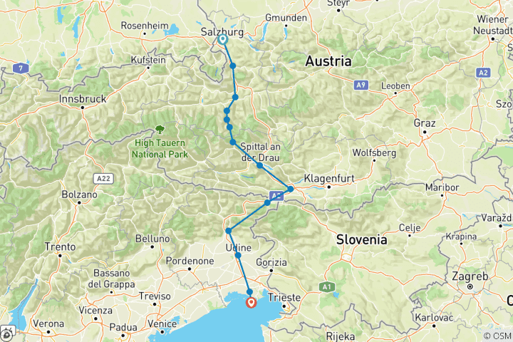 Karte von Alpe-Adria-Radweg Salzburg-Grado sportlich (6 Tage)