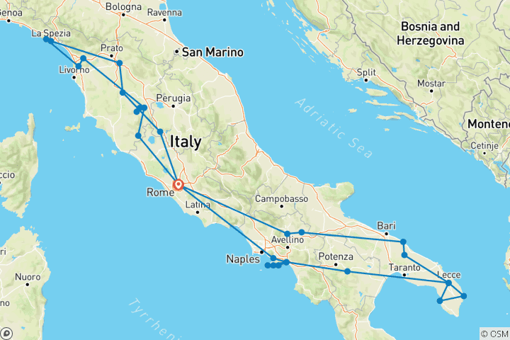 Kaart van Amalfi, Apulië & Toscane - 13 dagen
