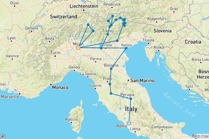 Carte du circuit De Rome à Florence, dans les Alpes et les Dolomites - 13 jours