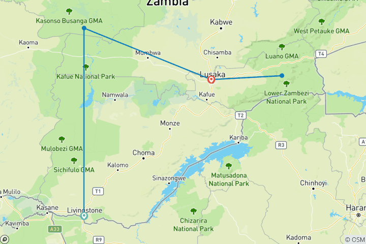 Carte du circuit Parcs nationaux de Kafue et du Bas-Zambèze