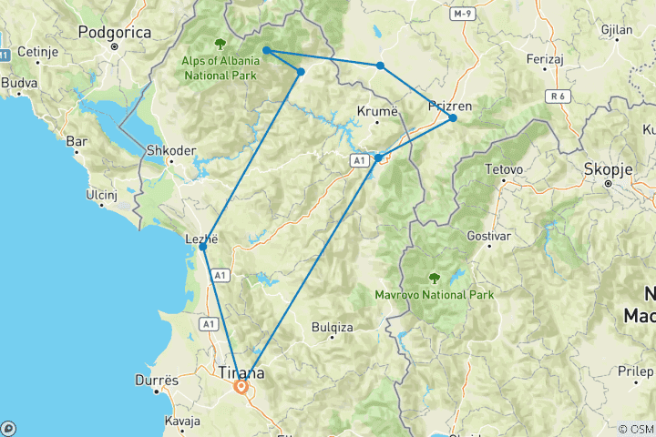 Mapa de Recorridos de 4 días por los Alpes Albaneses, el río Shala, el Parque Nacional de Valbona y Prizren (Kosovo)