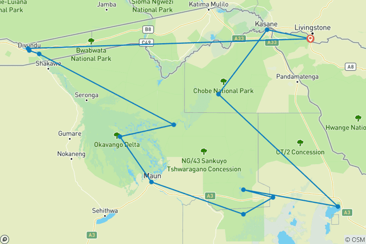 Map of Private Botswana Nat Geo Untouched Safaris – 13 Days
