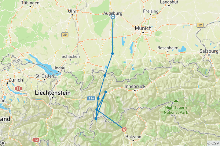 Karte von Via Claudia Augusta - Alpenüberquerung Augsburg - Meran - sportlich (7 Tage)