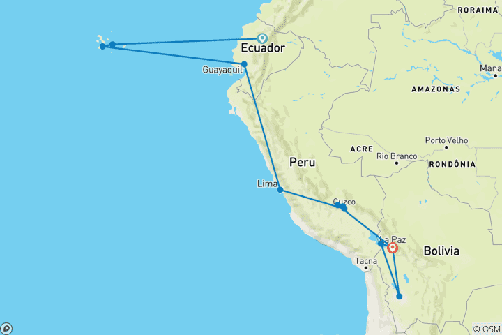 Mapa de Viaje a Sudamérica con lo más destacado de Ecuador, Perú y Bolivia