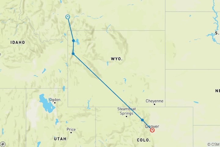 Carte du circuit Yellowstone, Grand Teton et montagnes Rocheuses - 9 jours