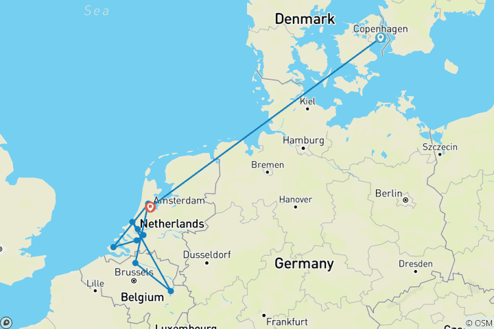 Karte von Wasserstraßen in den Niederlanden und Belgien & Kopenhagen 2027 - 14 Tage (von Kopenhagen bis Amsterdam)
