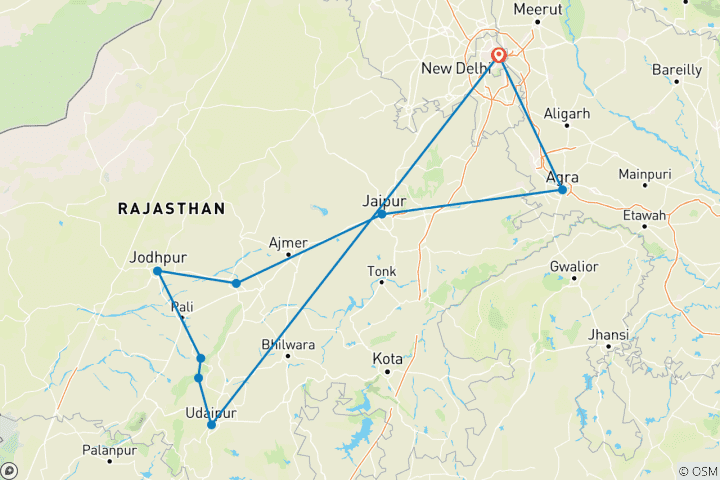 Karte von 15 Tage Luxusreise durch das ländliche Rajasthan mit Taj Mahal