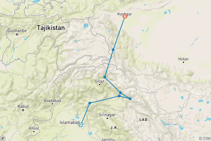 Map of Karakoram Highway and Hunza. From Islamabad to Kashgar