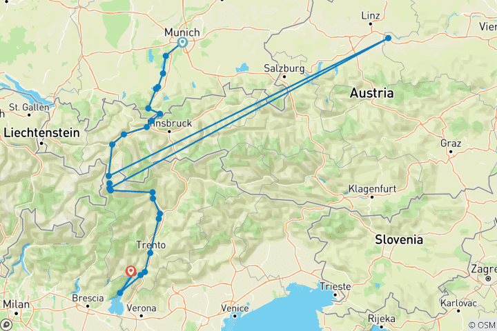 Kaart van Van München naar het Gardameer - de sportieve oversteek van de Alpen (8 dagen)