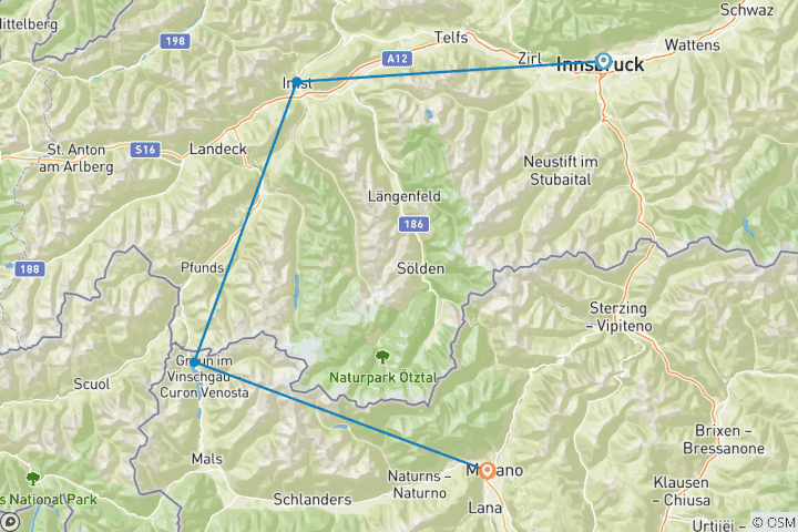 Karte von EUREGIO Radreise von INNSBRUCK nach MERAN - klassisch (5 Tage)
