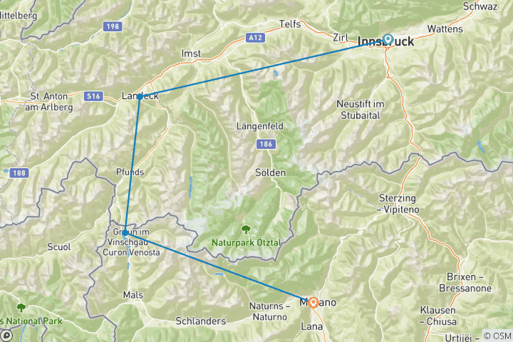 Karte von EUREGIO Radreise von INNSBRUCK nach MERAN - sportlich (5 Tage)