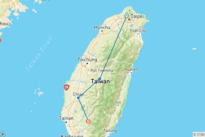 Map of 5 Days Taiwan Highlights Small Group Tour (Max 16) | Taiwan China Package Adventure