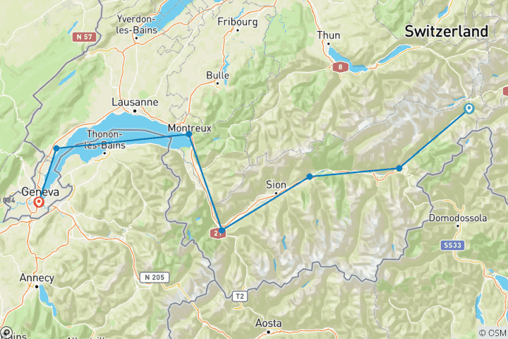 Carte du circuit Vacances à vélo Route du Rhône Oberwald/Obergesteln - Genève