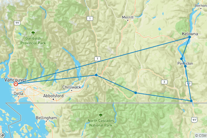 Carte du circuit Tournée des vins de la vallée de l'Okanagan