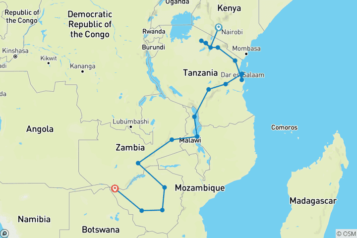 Map of Kenya to Vic Falls (including Arusha)