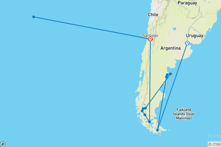 Karte von Argentinien & Chile Rundreise - 20 Tage Patagonien Pur & Mystische Osterinsel