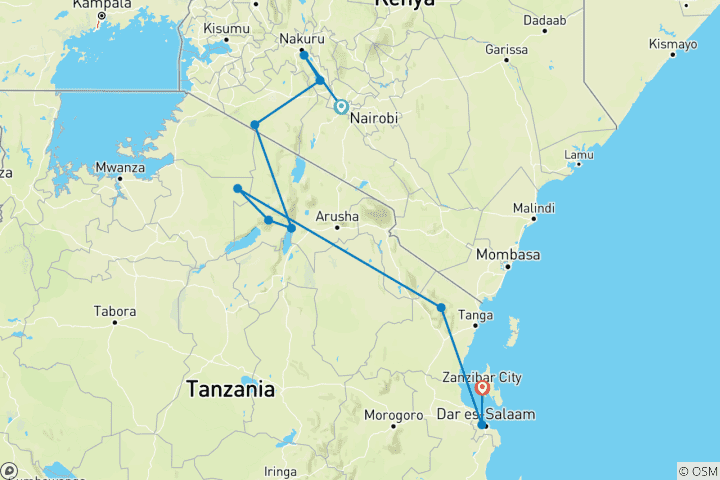 Carte du circuit Le meilleur de l'Afrique de l'Est (10 destinations)