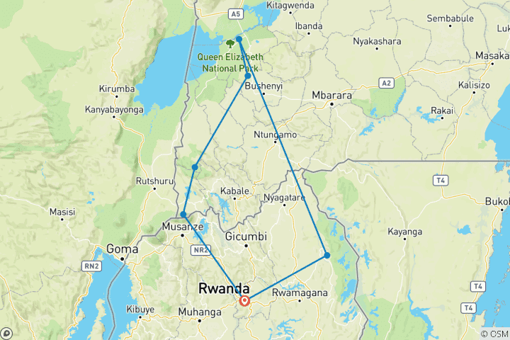 Kaart van 7-daagse safari in Rwanda Oeganda, wildlife en primaten