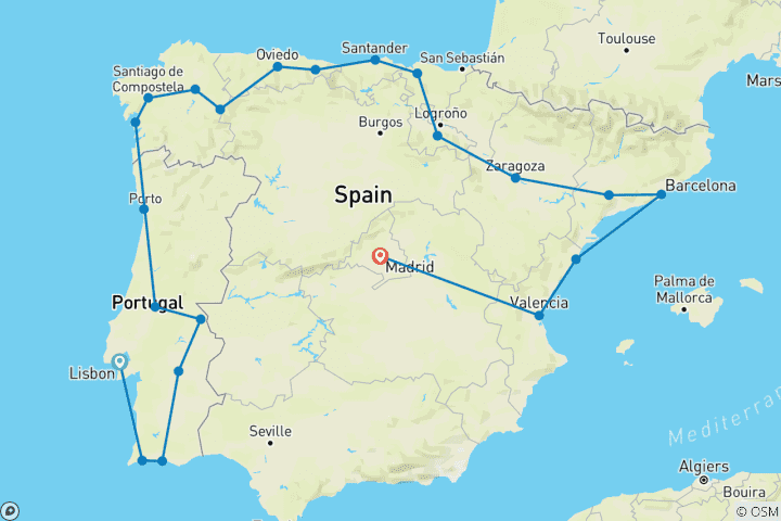 Carte du circuit Toute l'Espagne et le Portugal (22 destinations)