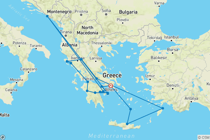 Carte du circuit Athènes, Péloponnèse, Grèce du Nord et îles grecques (18 destinations)