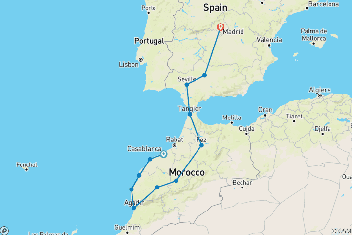 Map of Atlantic Morocco, Seville and Madrid