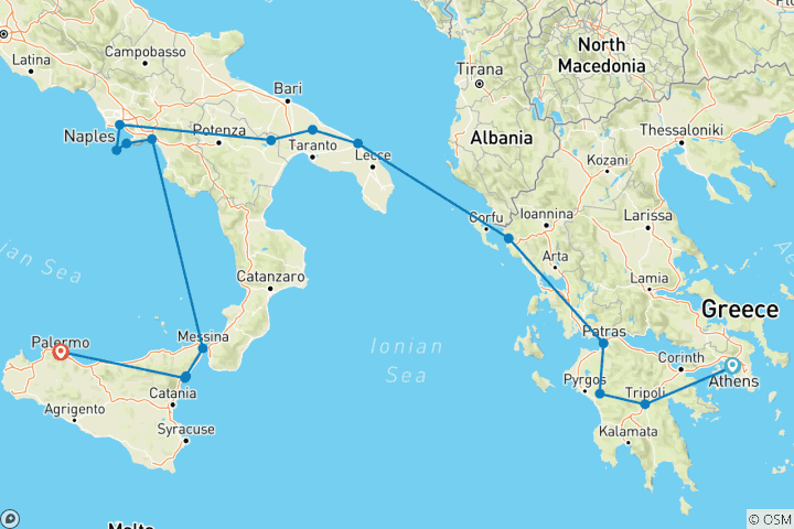 Carte du circuit Athènes, Péninsule et Sicile - Fin de séjour à Palerme (17 destinations)